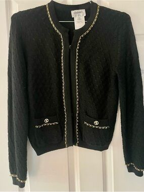 CHANEL Black Bouclé Jacket with Gold Chain Trim. Cashmere